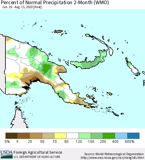 Papua New Guinea Percent of Normal Precipitation 2-Month (WMO) Thematic Map For 6/16/2020 - 8/15/2020