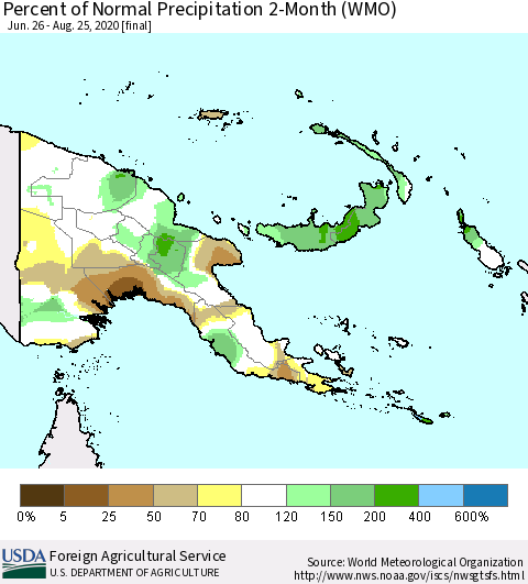Papua New Guinea Percent of Normal Precipitation 2-Month (WMO) Thematic Map For 6/26/2020 - 8/25/2020