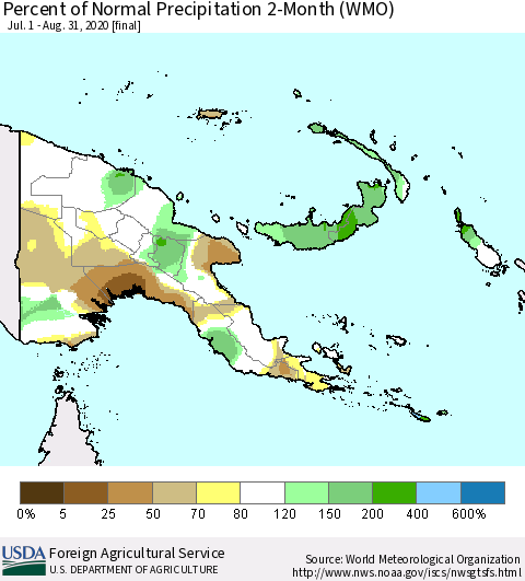 Papua New Guinea Percent of Normal Precipitation 2-Month (WMO) Thematic Map For 7/1/2020 - 8/31/2020