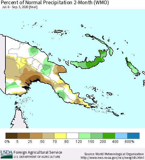 Papua New Guinea Percent of Normal Precipitation 2-Month (WMO) Thematic Map For 7/6/2020 - 9/5/2020
