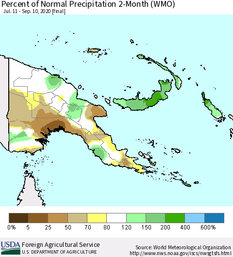 Papua New Guinea Percent of Normal Precipitation 2-Month (WMO) Thematic Map For 7/11/2020 - 9/10/2020