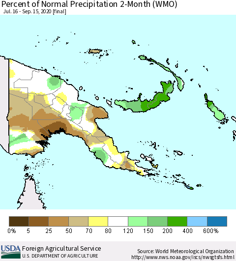 Papua New Guinea Percent of Normal Precipitation 2-Month (WMO) Thematic Map For 7/16/2020 - 9/15/2020
