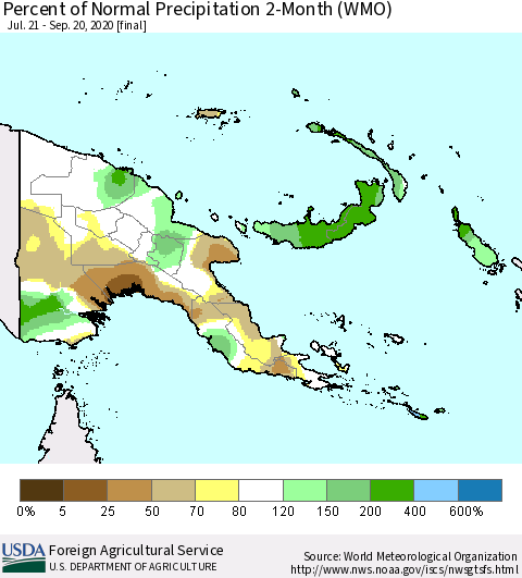 Papua New Guinea Percent of Normal Precipitation 2-Month (WMO) Thematic Map For 7/21/2020 - 9/20/2020