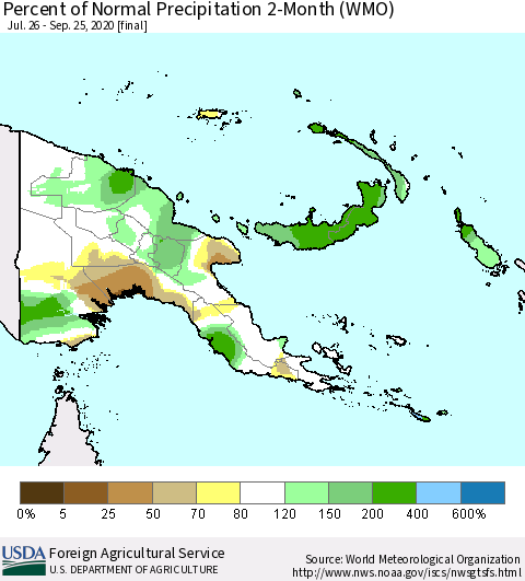 Papua New Guinea Percent of Normal Precipitation 2-Month (WMO) Thematic Map For 7/26/2020 - 9/25/2020