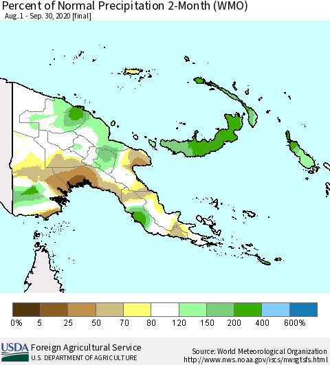 Papua New Guinea Percent of Normal Precipitation 2-Month (WMO) Thematic Map For 8/1/2020 - 9/30/2020