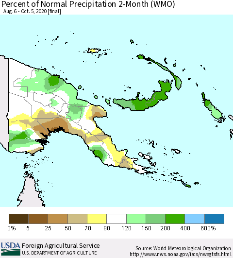 Papua New Guinea Percent of Normal Precipitation 2-Month (WMO) Thematic Map For 8/6/2020 - 10/5/2020