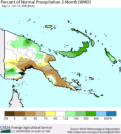 Papua New Guinea Percent of Normal Precipitation 2-Month (WMO) Thematic Map For 8/11/2020 - 10/10/2020