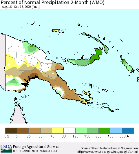Papua New Guinea Percent of Normal Precipitation 2-Month (WMO) Thematic Map For 8/16/2020 - 10/15/2020