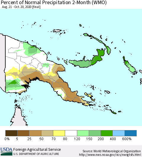 Papua New Guinea Percent of Normal Precipitation 2-Month (WMO) Thematic Map For 8/21/2020 - 10/20/2020
