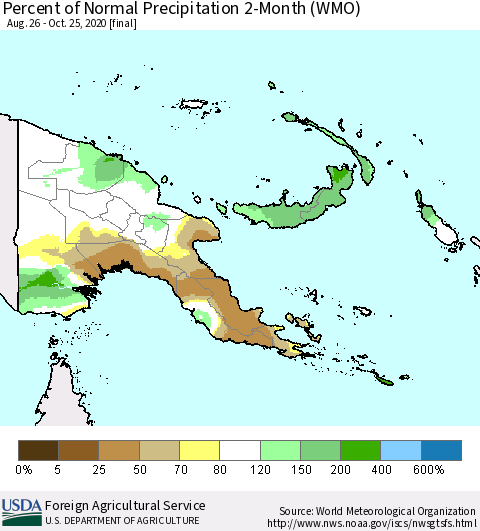 Papua New Guinea Percent of Normal Precipitation 2-Month (WMO) Thematic Map For 8/26/2020 - 10/25/2020