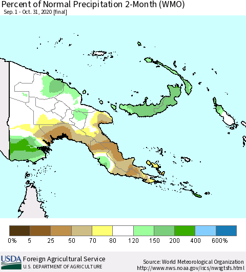 Papua New Guinea Percent of Normal Precipitation 2-Month (WMO) Thematic Map For 9/1/2020 - 10/31/2020