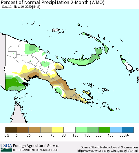 Papua New Guinea Percent of Normal Precipitation 2-Month (WMO) Thematic Map For 9/11/2020 - 11/10/2020