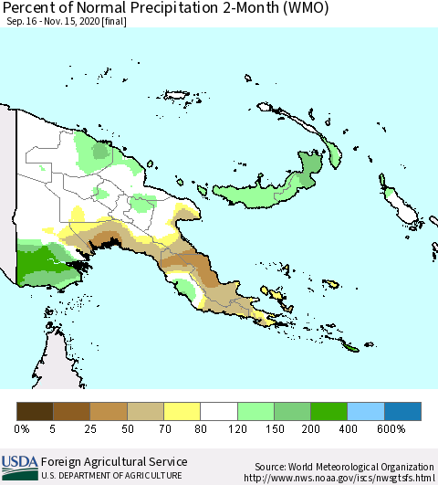 Papua New Guinea Percent of Normal Precipitation 2-Month (WMO) Thematic Map For 9/16/2020 - 11/15/2020