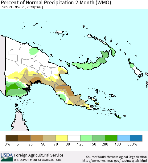 Papua New Guinea Percent of Normal Precipitation 2-Month (WMO) Thematic Map For 9/21/2020 - 11/20/2020