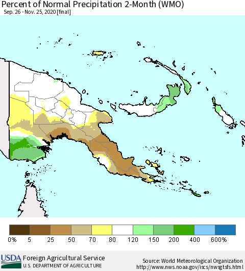 Papua New Guinea Percent of Normal Precipitation 2-Month (WMO) Thematic Map For 9/26/2020 - 11/25/2020