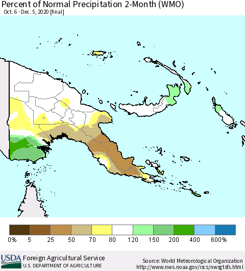 Papua New Guinea Percent of Normal Precipitation 2-Month (WMO) Thematic Map For 10/6/2020 - 12/5/2020