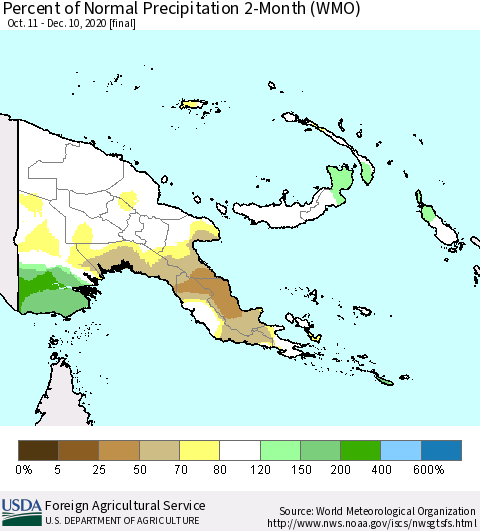 Papua New Guinea Percent of Normal Precipitation 2-Month (WMO) Thematic Map For 10/11/2020 - 12/10/2020