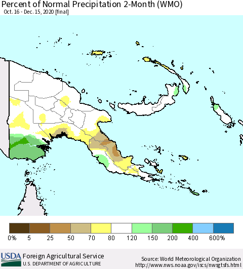 Papua New Guinea Percent of Normal Precipitation 2-Month (WMO) Thematic Map For 10/16/2020 - 12/15/2020