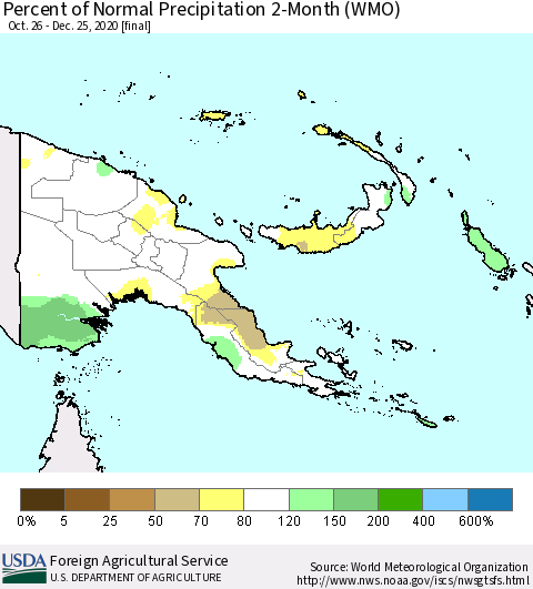 Papua New Guinea Percent of Normal Precipitation 2-Month (WMO) Thematic Map For 10/26/2020 - 12/25/2020