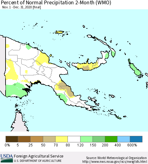 Papua New Guinea Percent of Normal Precipitation 2-Month (WMO) Thematic Map For 11/1/2020 - 12/31/2020