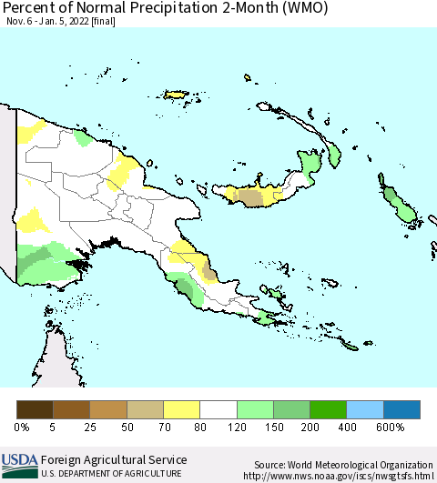 Papua New Guinea Percent of Normal Precipitation 2-Month (WMO) Thematic Map For 11/6/2021 - 1/5/2022