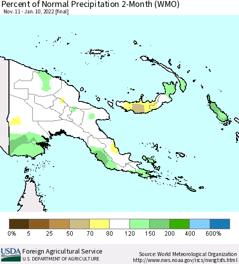 Papua New Guinea Percent of Normal Precipitation 2-Month (WMO) Thematic Map For 11/11/2021 - 1/10/2022