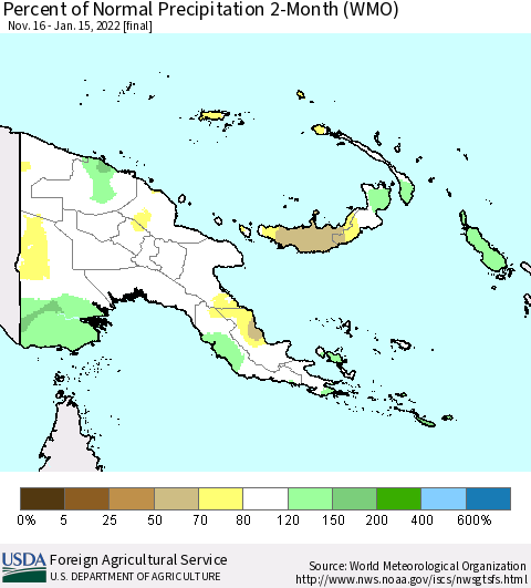 Papua New Guinea Percent of Normal Precipitation 2-Month (WMO) Thematic Map For 11/16/2021 - 1/15/2022
