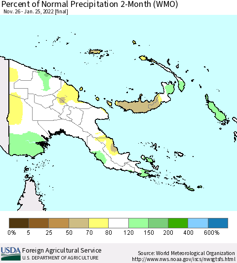 Papua New Guinea Percent of Normal Precipitation 2-Month (WMO) Thematic Map For 11/26/2021 - 1/25/2022
