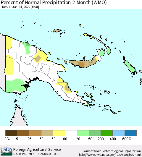Papua New Guinea Percent of Normal Precipitation 2-Month (WMO) Thematic Map For 12/1/2021 - 1/31/2022