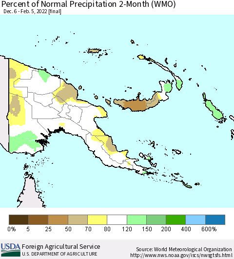 Papua New Guinea Percent of Normal Precipitation 2-Month (WMO) Thematic Map For 12/6/2021 - 2/5/2022