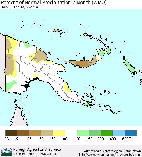 Papua New Guinea Percent of Normal Precipitation 2-Month (WMO) Thematic Map For 12/11/2021 - 2/10/2022