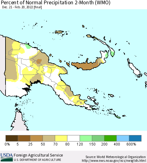 Papua New Guinea Percent of Normal Precipitation 2-Month (WMO) Thematic Map For 12/21/2021 - 2/20/2022