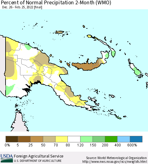 Papua New Guinea Percent of Normal Precipitation 2-Month (WMO) Thematic Map For 12/26/2021 - 2/25/2022