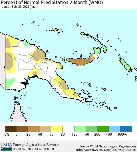 Papua New Guinea Percent of Normal Precipitation 2-Month (WMO) Thematic Map For 1/1/2022 - 2/28/2022