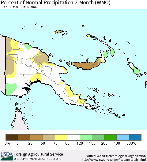 Papua New Guinea Percent of Normal Precipitation 2-Month (WMO) Thematic Map For 1/6/2022 - 3/5/2022