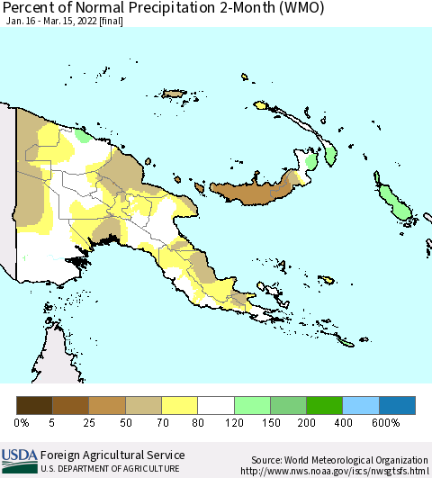 Papua New Guinea Percent of Normal Precipitation 2-Month (WMO) Thematic Map For 1/16/2022 - 3/15/2022