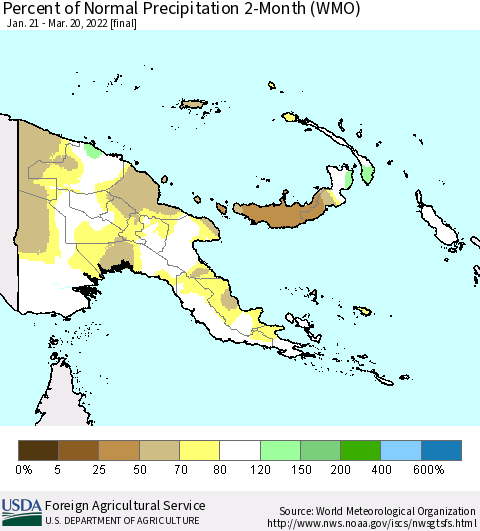Papua New Guinea Percent of Normal Precipitation 2-Month (WMO) Thematic Map For 1/21/2022 - 3/20/2022