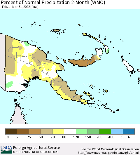 Papua New Guinea Percent of Normal Precipitation 2-Month (WMO) Thematic Map For 2/1/2022 - 3/31/2022