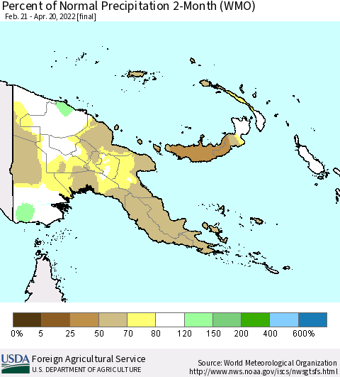 Papua New Guinea Percent of Normal Precipitation 2-Month (WMO) Thematic Map For 2/21/2022 - 4/20/2022