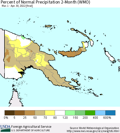 Papua New Guinea Percent of Normal Precipitation 2-Month (WMO) Thematic Map For 3/1/2022 - 4/30/2022