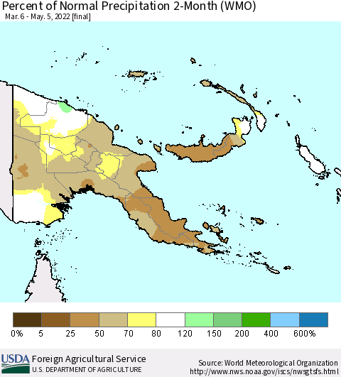 Papua New Guinea Percent of Normal Precipitation 2-Month (WMO) Thematic Map For 3/6/2022 - 5/5/2022