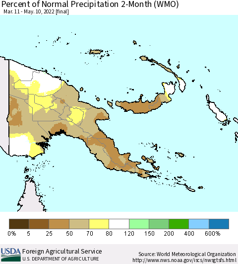 Papua New Guinea Percent of Normal Precipitation 2-Month (WMO) Thematic Map For 3/11/2022 - 5/10/2022
