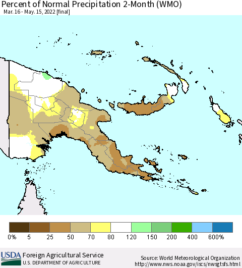Papua New Guinea Percent of Normal Precipitation 2-Month (WMO) Thematic Map For 3/16/2022 - 5/15/2022