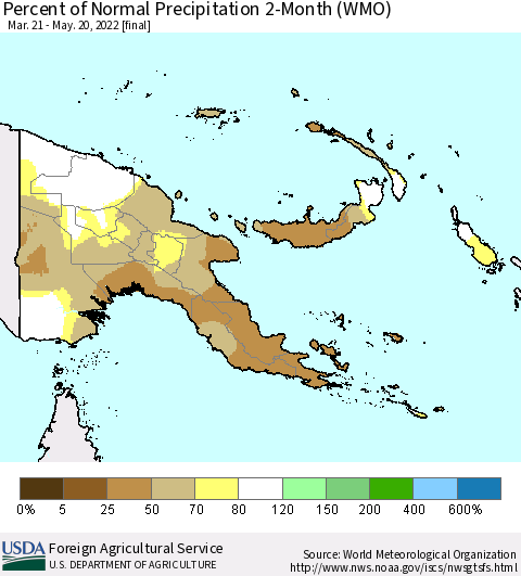 Papua New Guinea Percent of Normal Precipitation 2-Month (WMO) Thematic Map For 3/21/2022 - 5/20/2022