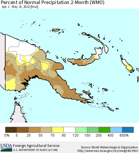 Papua New Guinea Percent of Normal Precipitation 2-Month (WMO) Thematic Map For 4/1/2022 - 5/31/2022