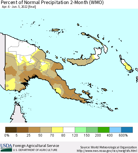 Papua New Guinea Percent of Normal Precipitation 2-Month (WMO) Thematic Map For 4/6/2022 - 6/5/2022