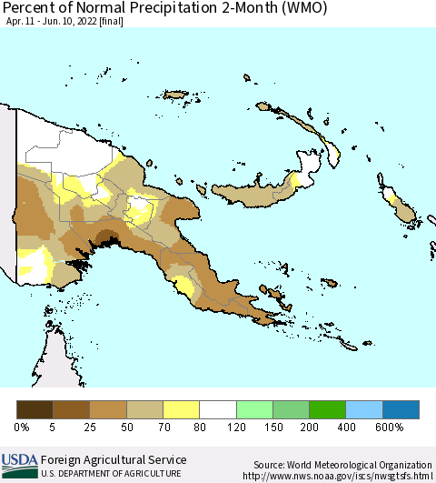 Papua New Guinea Percent of Normal Precipitation 2-Month (WMO) Thematic Map For 4/11/2022 - 6/10/2022