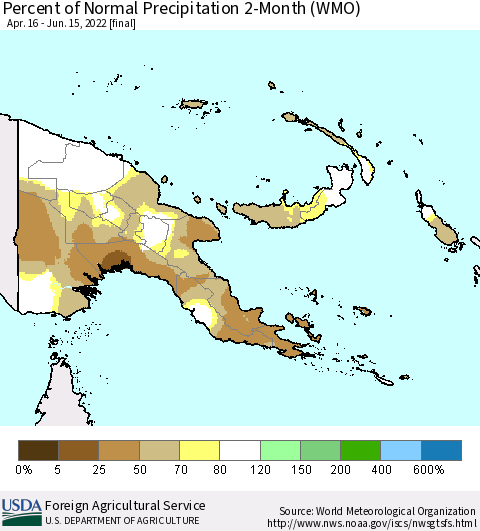 Papua New Guinea Percent of Normal Precipitation 2-Month (WMO) Thematic Map For 4/16/2022 - 6/15/2022