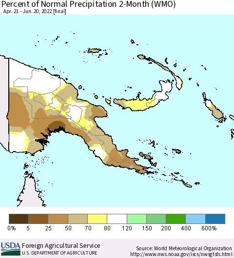 Papua New Guinea Percent of Normal Precipitation 2-Month (WMO) Thematic Map For 4/21/2022 - 6/20/2022