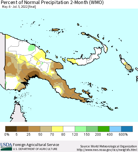Papua New Guinea Percent of Normal Precipitation 2-Month (WMO) Thematic Map For 5/6/2022 - 7/5/2022